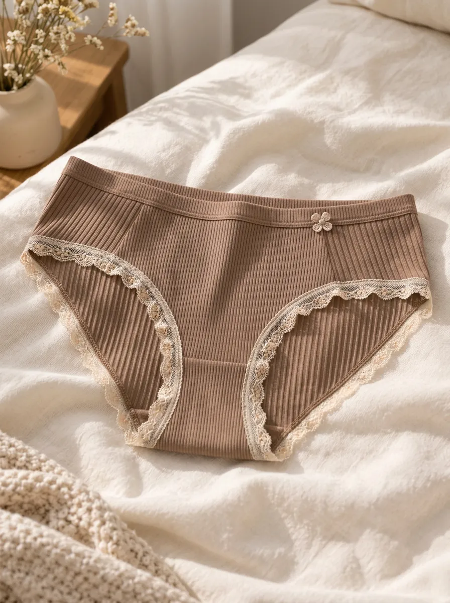Women's Brown Ribbed Lace Trim Flower Detail Panties
