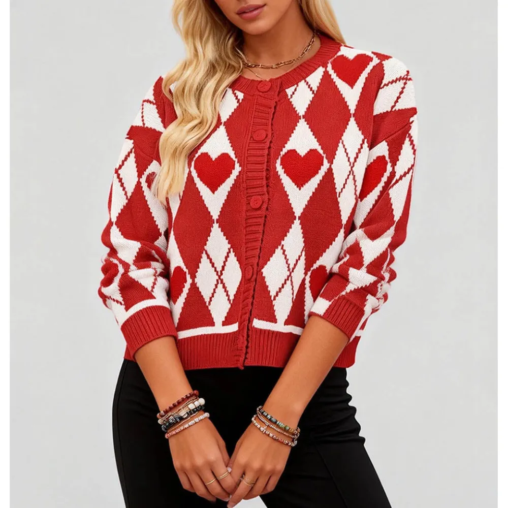 Valentine Heart Graphic Round Neck Knit Cardigan