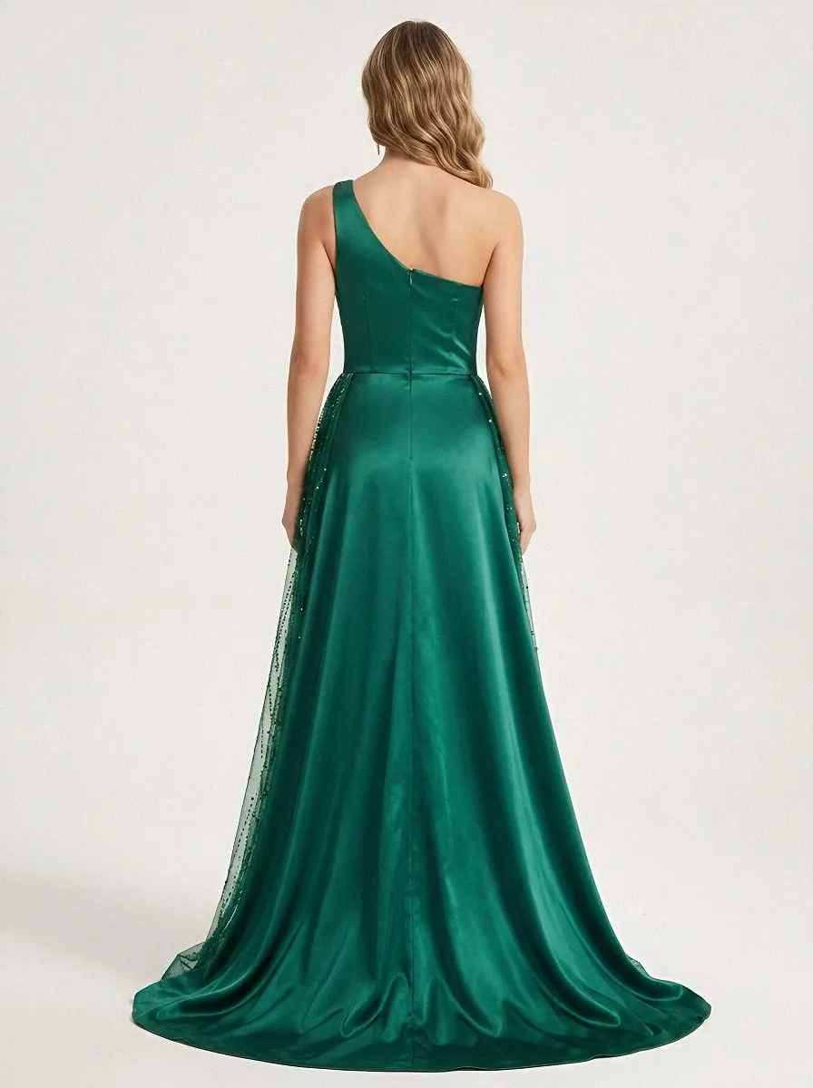 Women's Beaded One-Shoulder Slit Satin Evening Gown