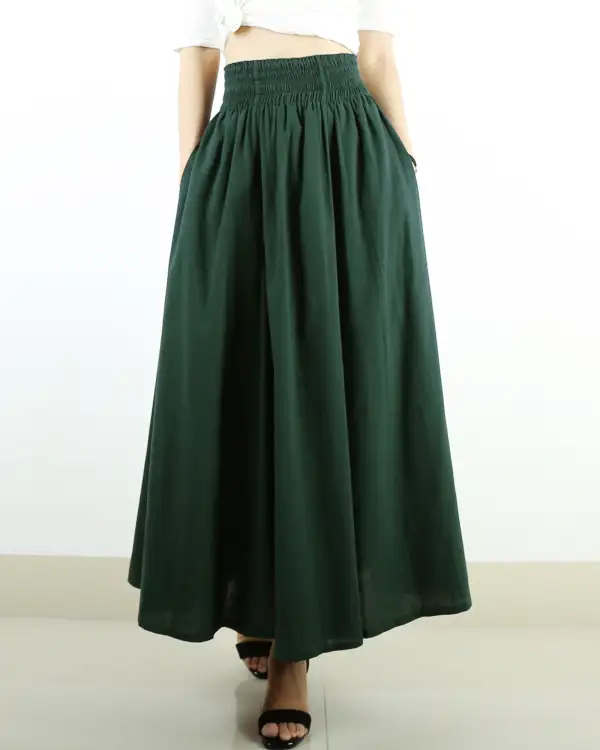 Pocketed Linen Flared Maxi Skirt