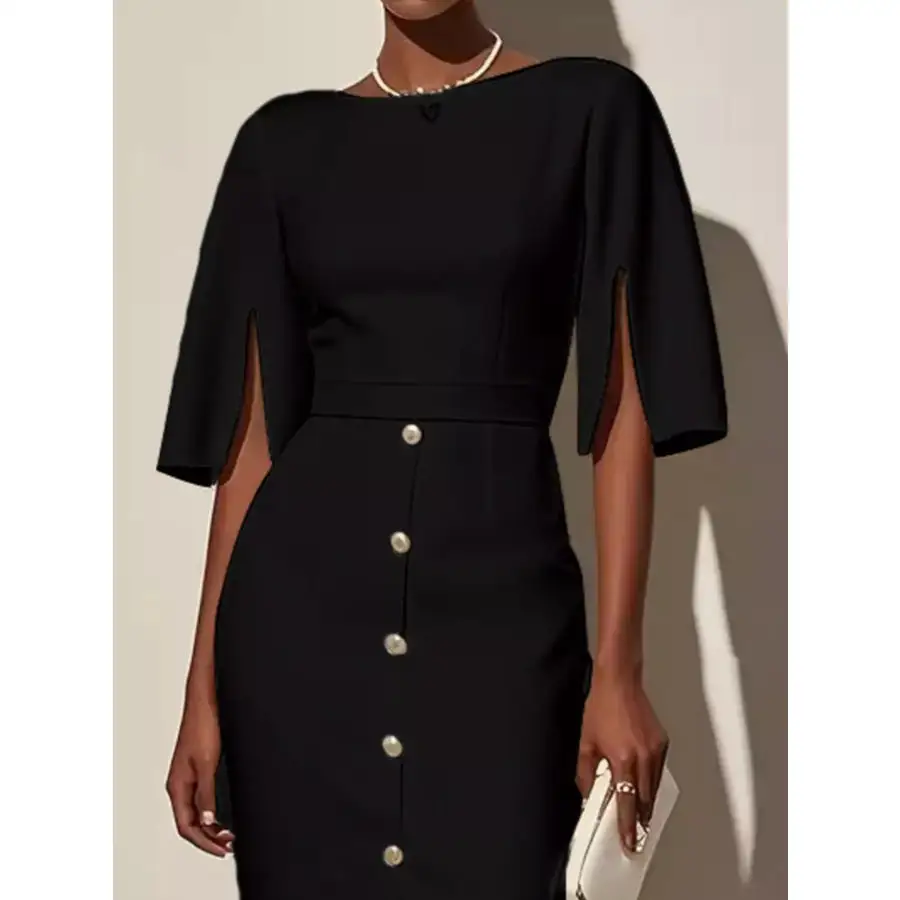 Slit Sleeve Midi Dress with Decorative Button