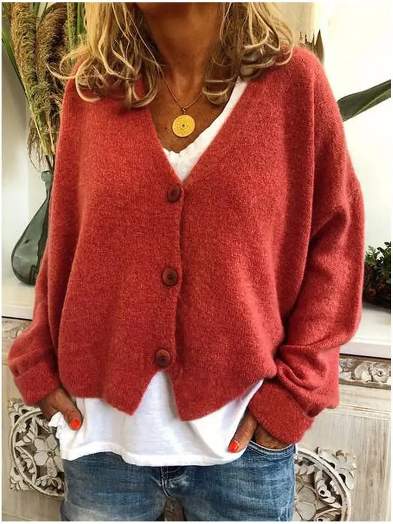  V Neck Button Knit Cardigan