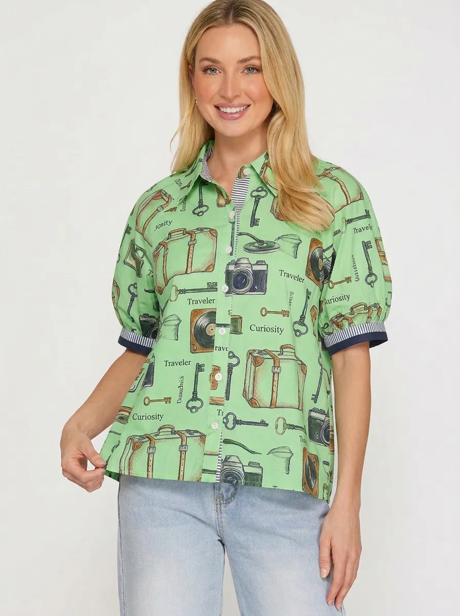Women's Travel-Inspired Suitcase Camera Key Printed Button-Up Shirt