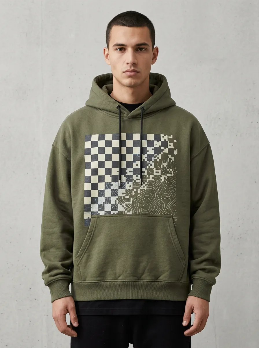 Topographic Checkered Geometric Men's Graphic Hoodie