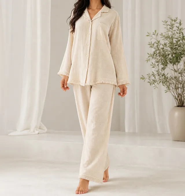 Gauze Pajama Set with Fringe Trim