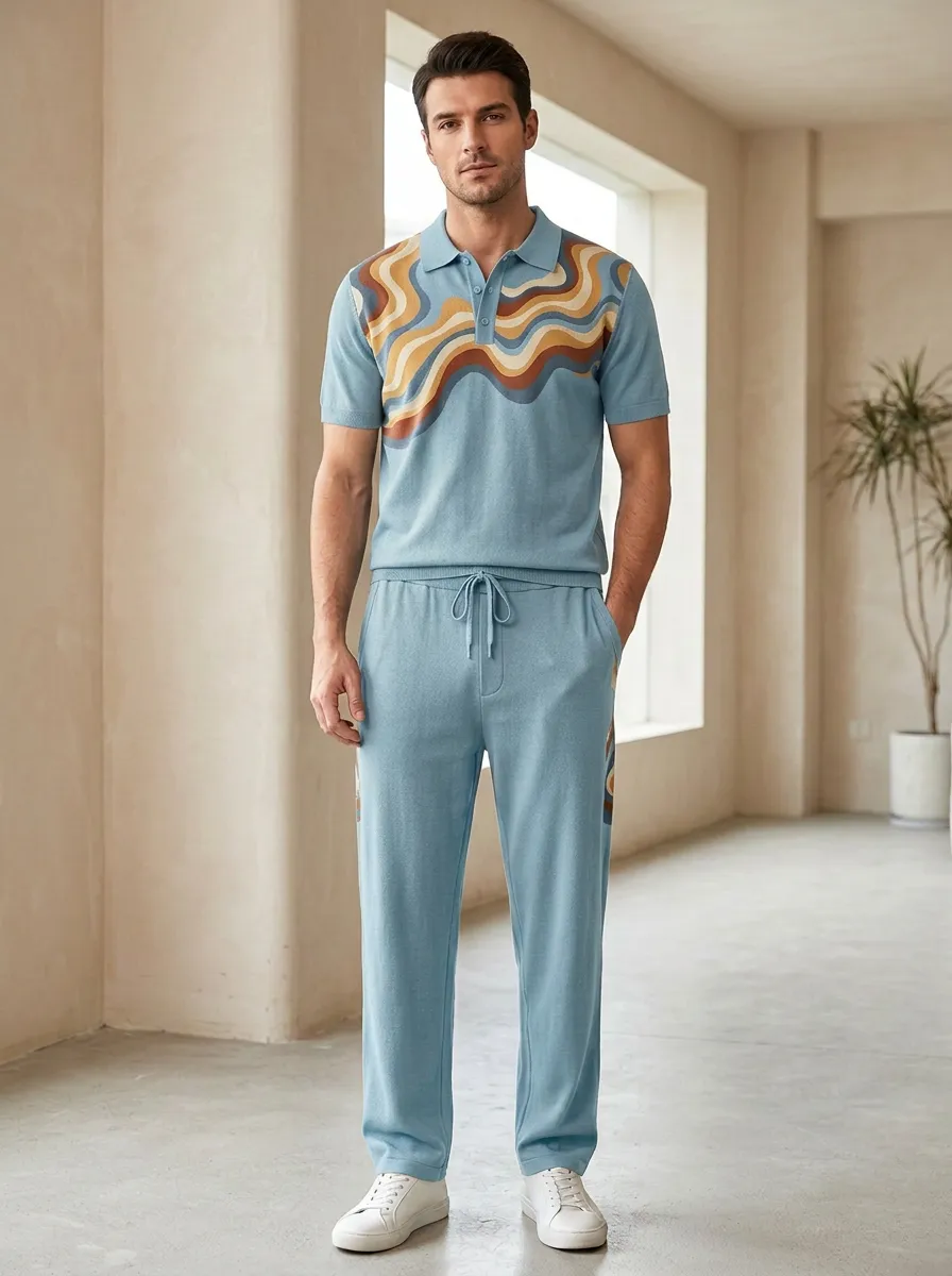 Men's Retro Wave Pattern Printed Casual Polo Set