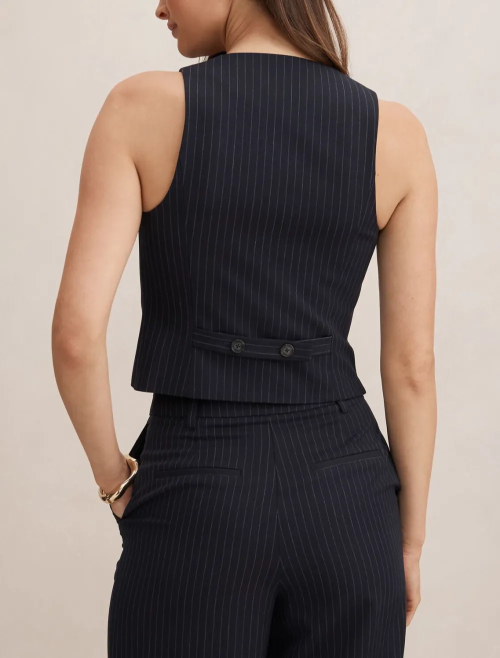 Navy Pinstripe Sleeveless Button-Down Waistcoat