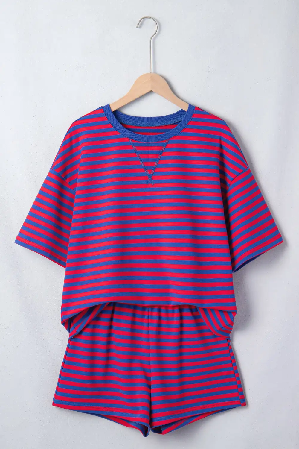 Women's Striped Ribbed Cotton Two-piece Short Set with Chest Patch Detail