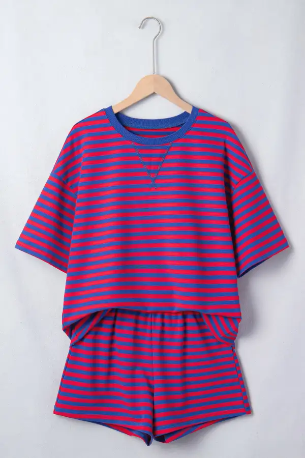 Women's Striped Ribbed Cotton Two-piece Short Set with Chest Patch Detail