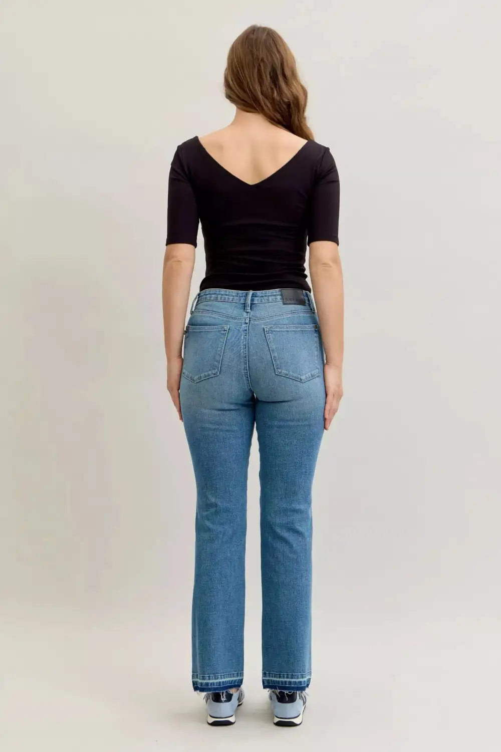 Mid Rise Raw Hem Bootcut Jeans