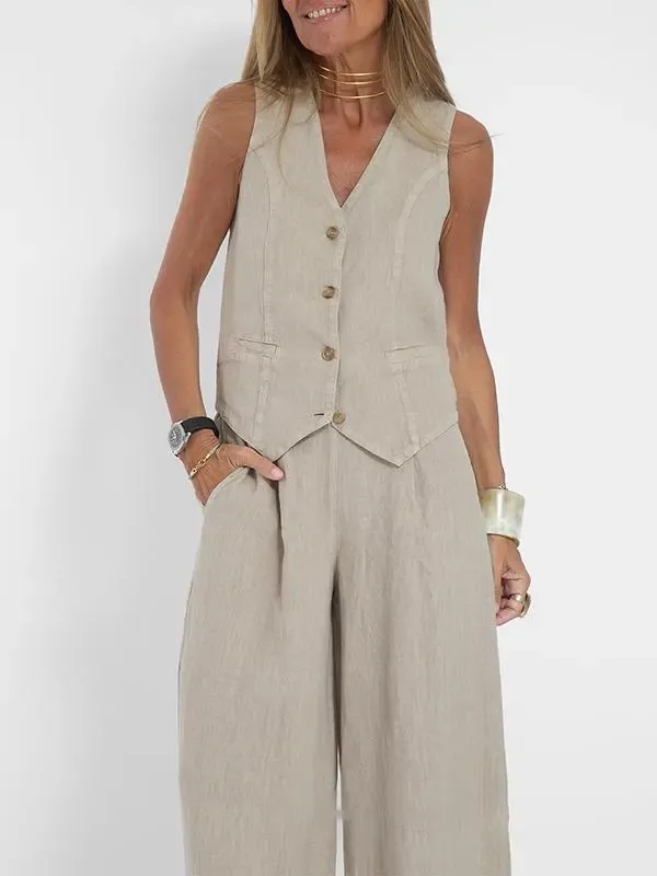 Fashion Vest Pants Collage Patchwork Cotton Hemp Casual Suit