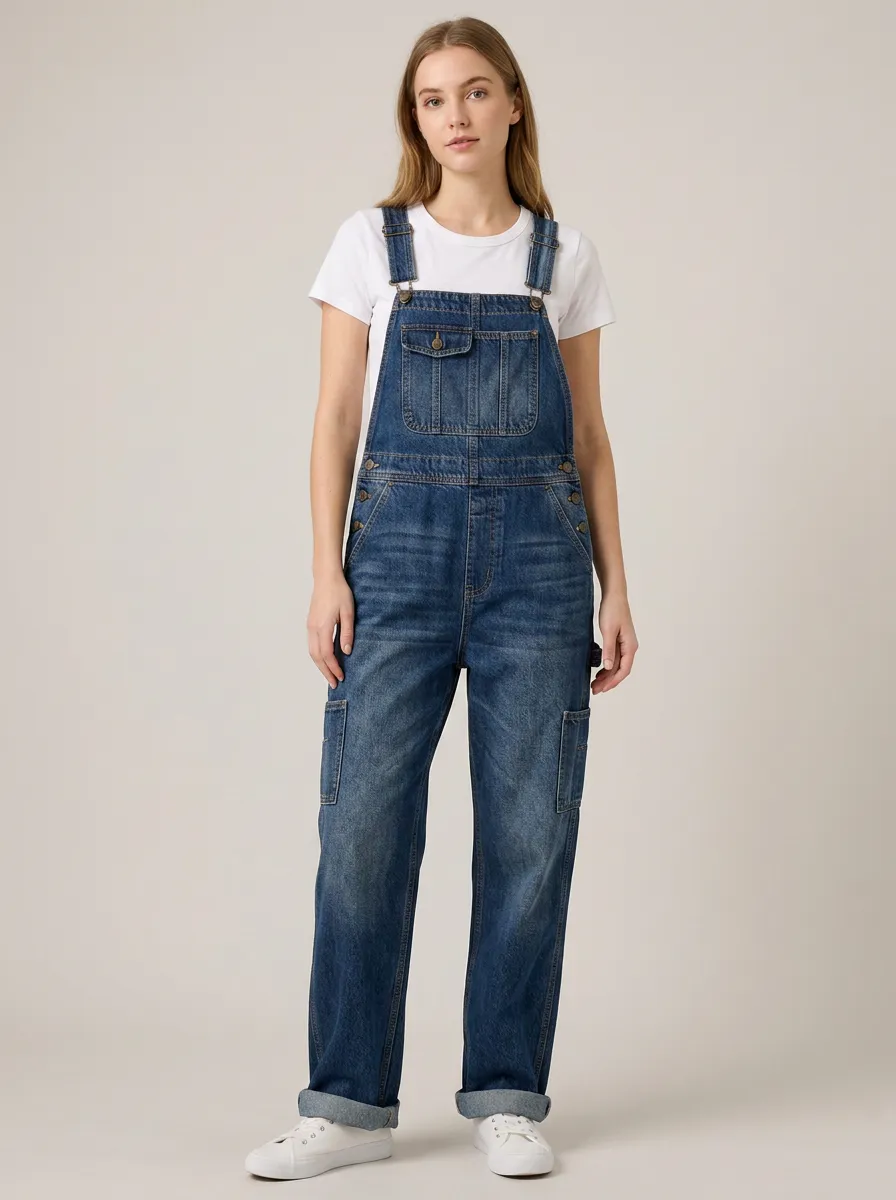 Women's Relaxed Cargo Pocket Denim Dungarees