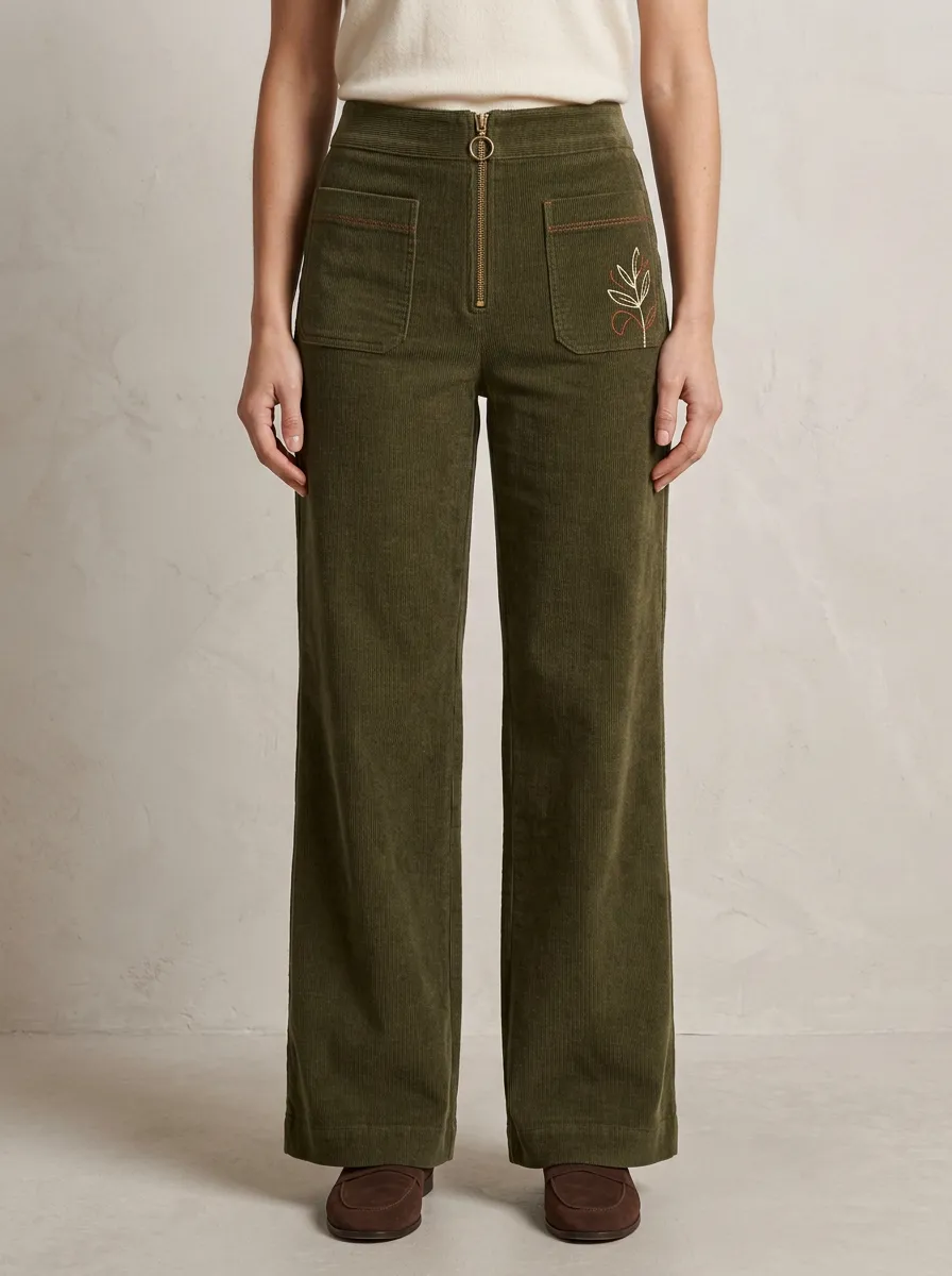 Women's Nature Lover Botanical Leaf Embroidered Corduroy Pants