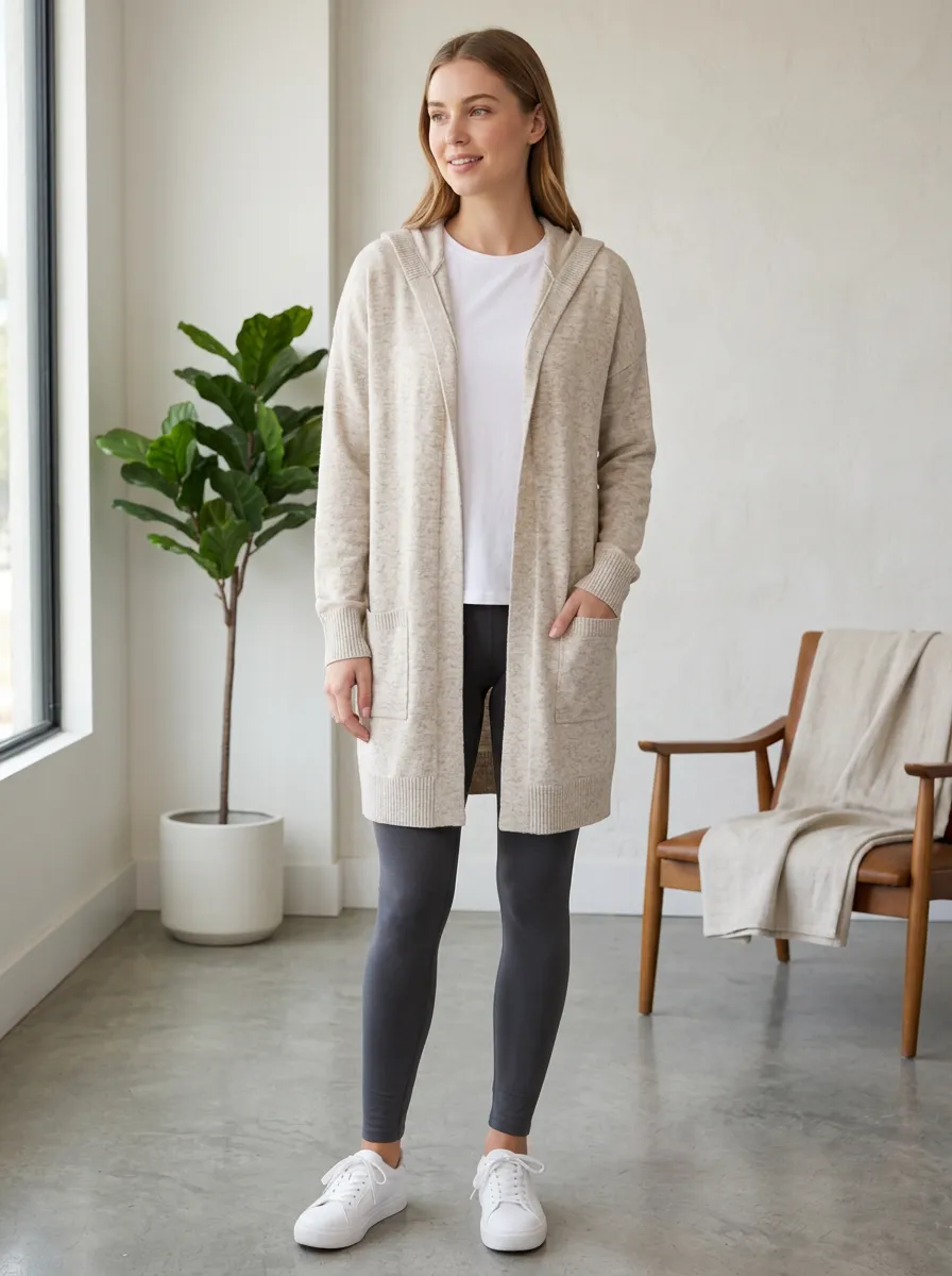 Women's Heather Hooded Open-Front Cardigan Relaxed-Fit