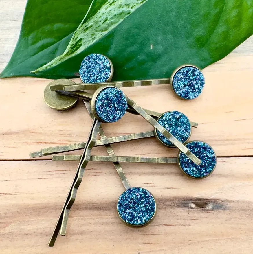 Teal Glitter Druzy Bobby Pins