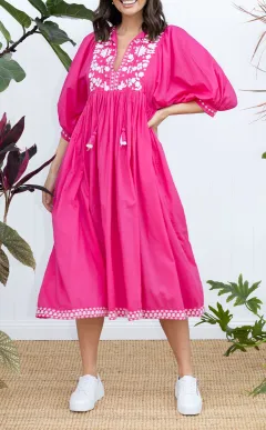 Below-Knee Cotton Pocket Embroidered V-Neck Half-Sleeve A-Line Dress
