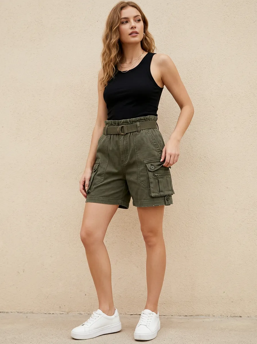 Women's Casual Olive Green High-Waisted Belted Cargo Shorts