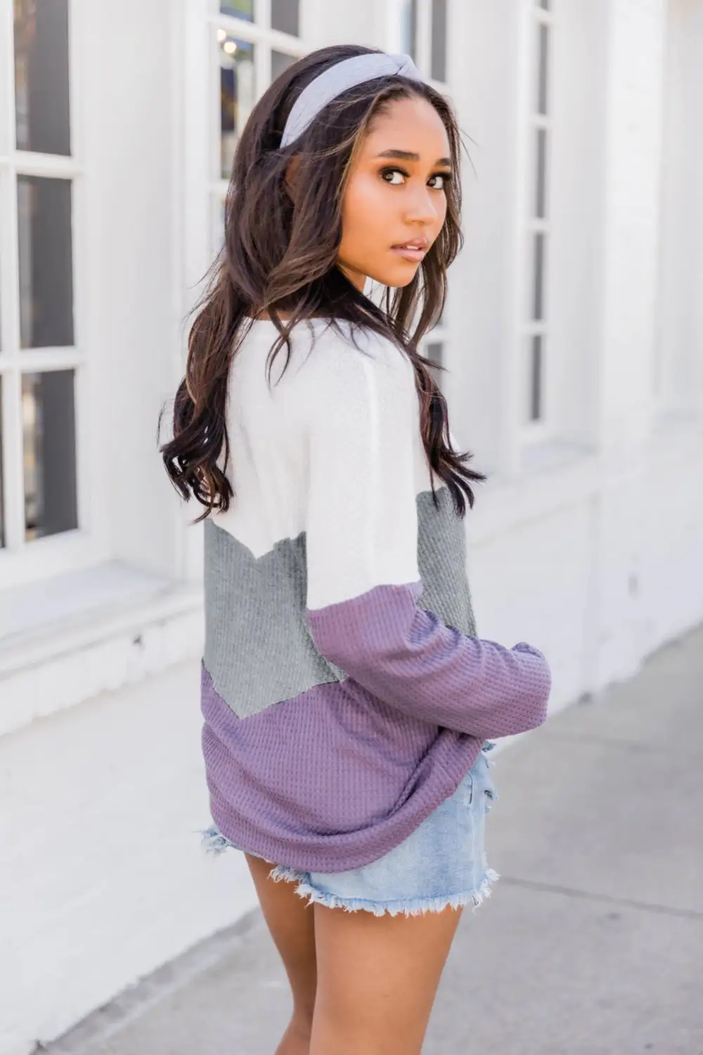 Chevron Waffle Color Block Sweatshirt