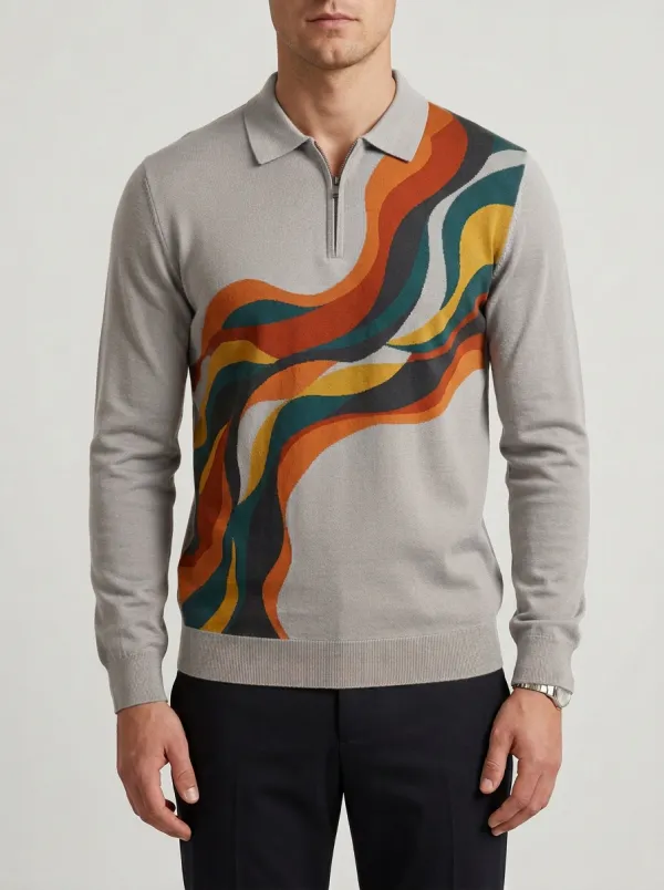 Men's Retro Abstract Wave Pattern Printed Long Sleeve Polo Shirt