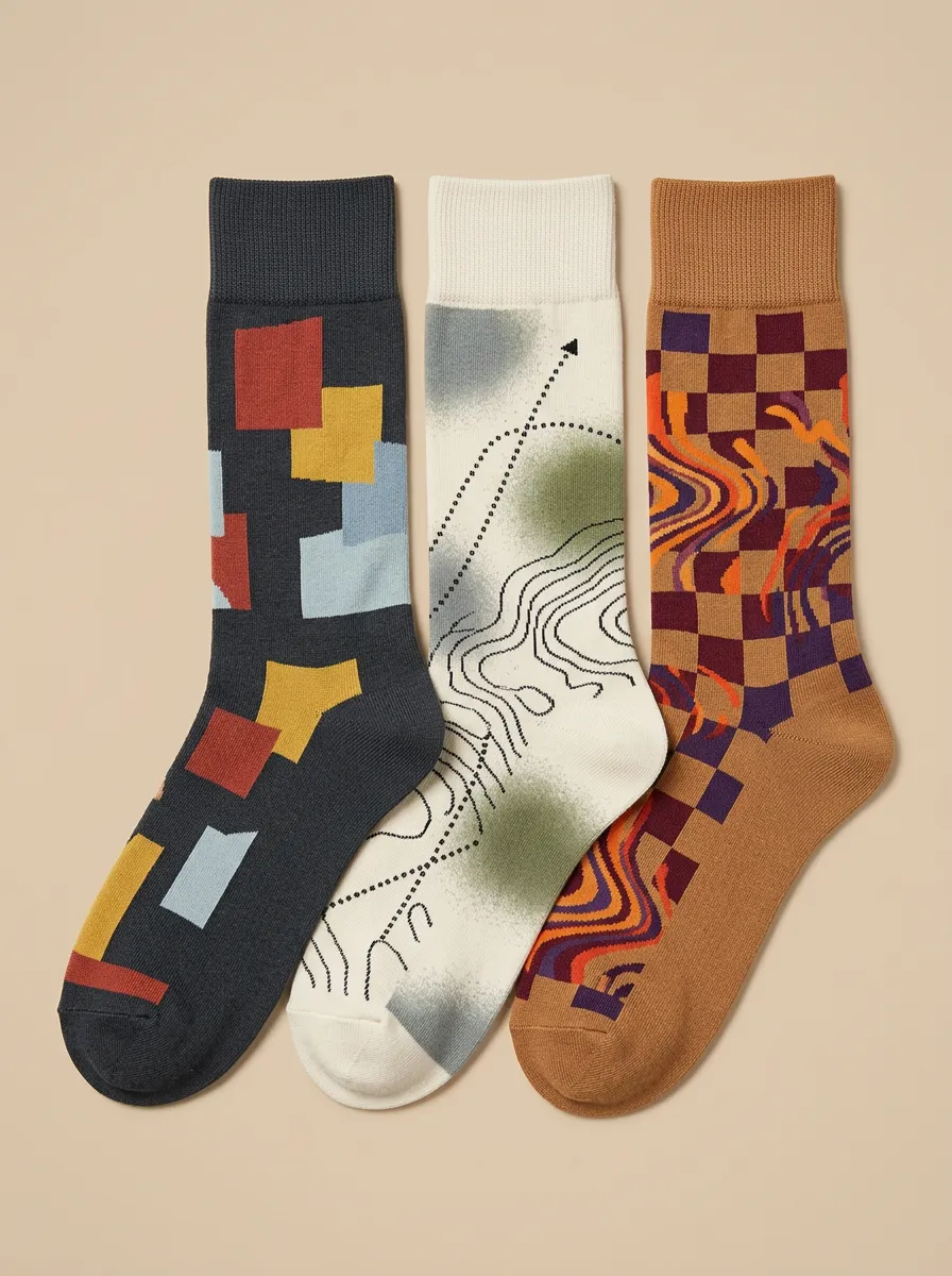 Men's Abstract Art Geometric Topographic Printed Three Pack Socks Everyday Design