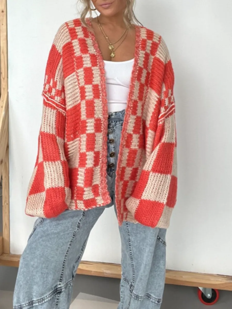 Plaid Open-Front Long-Sleeve Cardigan