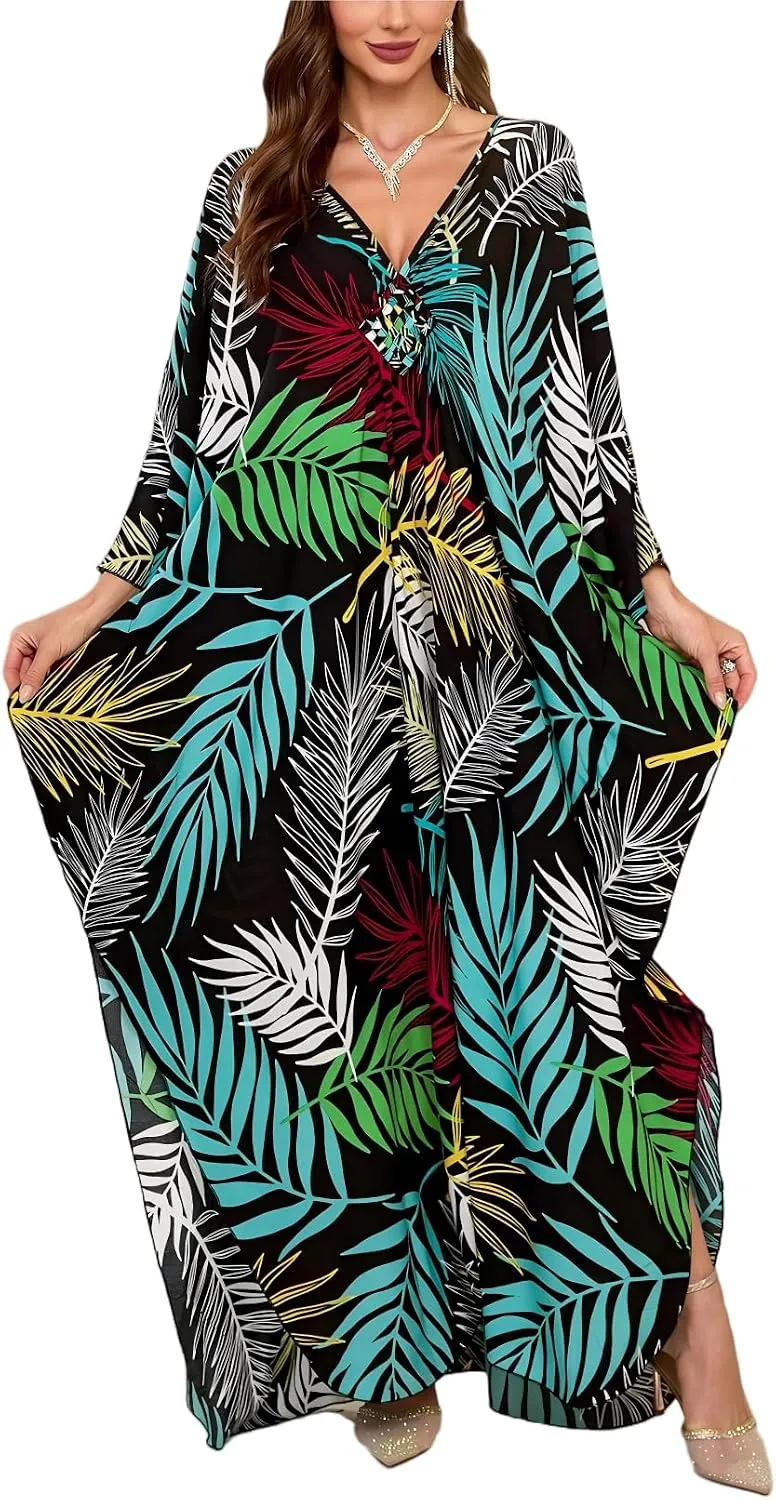 IMAGEKOPE Kaftan Dresses for Women Plus Size V-Neck Moo Moos Batwing Kaftan Beach Dress Bathing Suit Cover-Up Loungewear