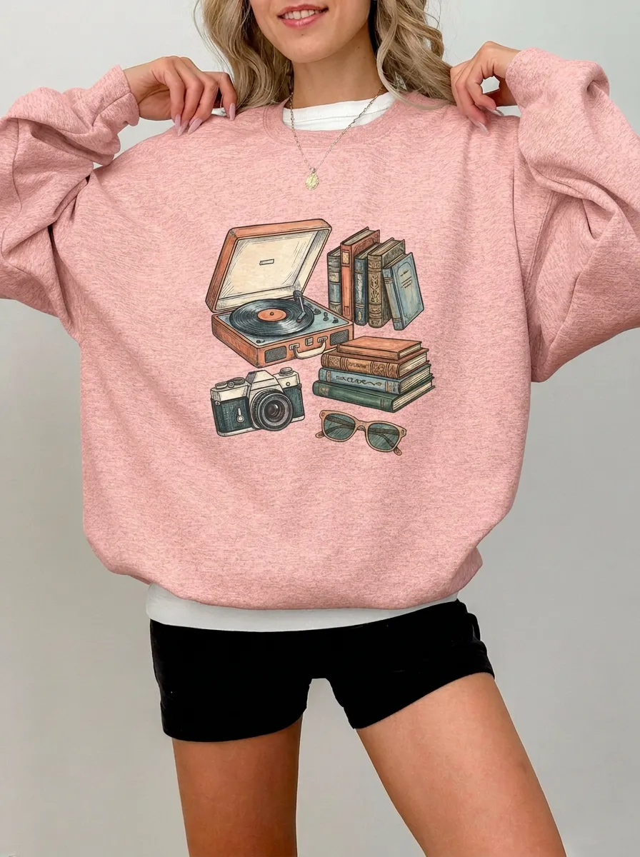 Women's Retro Book Record Camera Graphic Sweatshirt
