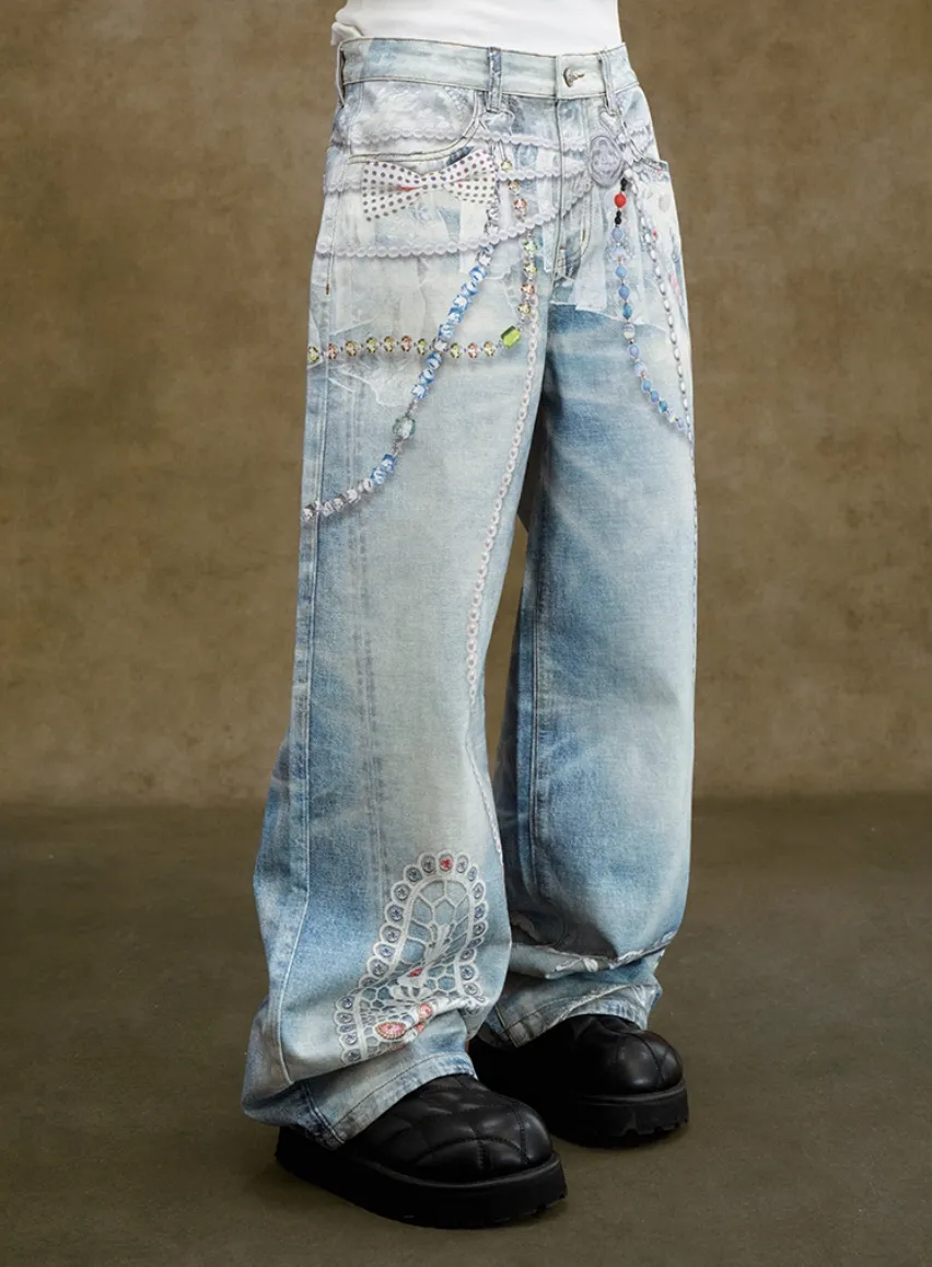 Embellished Deconstructed Denim Jeans