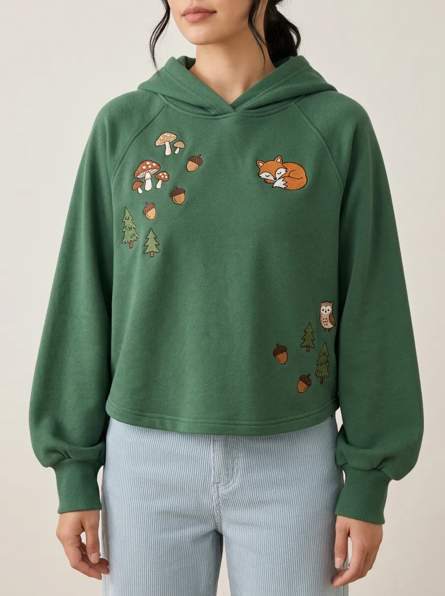 Women's Mushroom and Fox Design Forest Pullover Hoodie