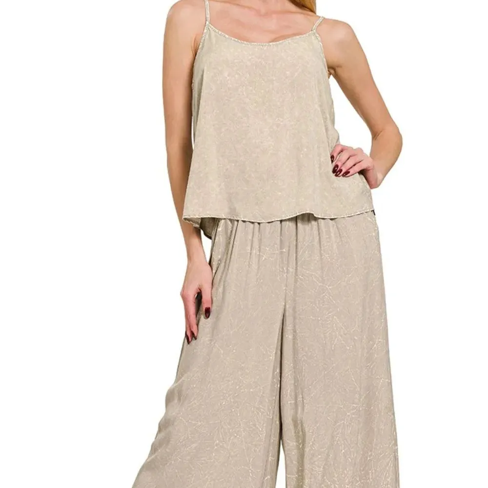 Woven Acid Crinkle Washed Cami & Pants Two Piece Set