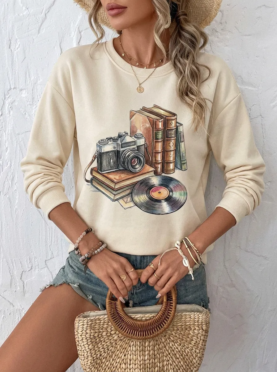 Women's Vintage Aesthetic Camera Books Vinyl Printed Sweatshirt