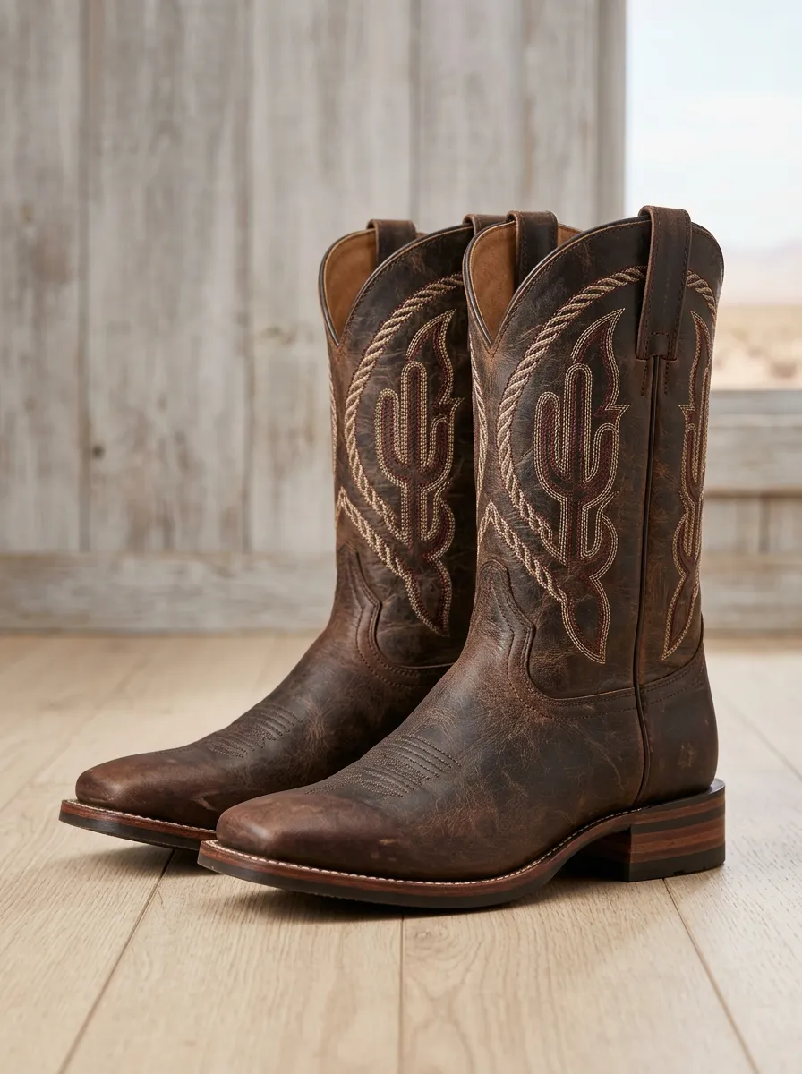 Southwestern Cactus Embroidered Motif Men's Western Cowboy Boots