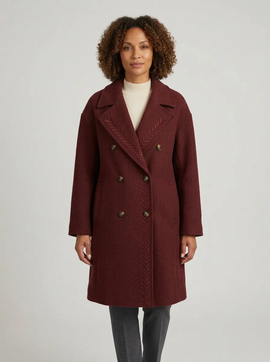 Women's Olive Green Herringbone Leaf Embroidered Double-Breasted Coat