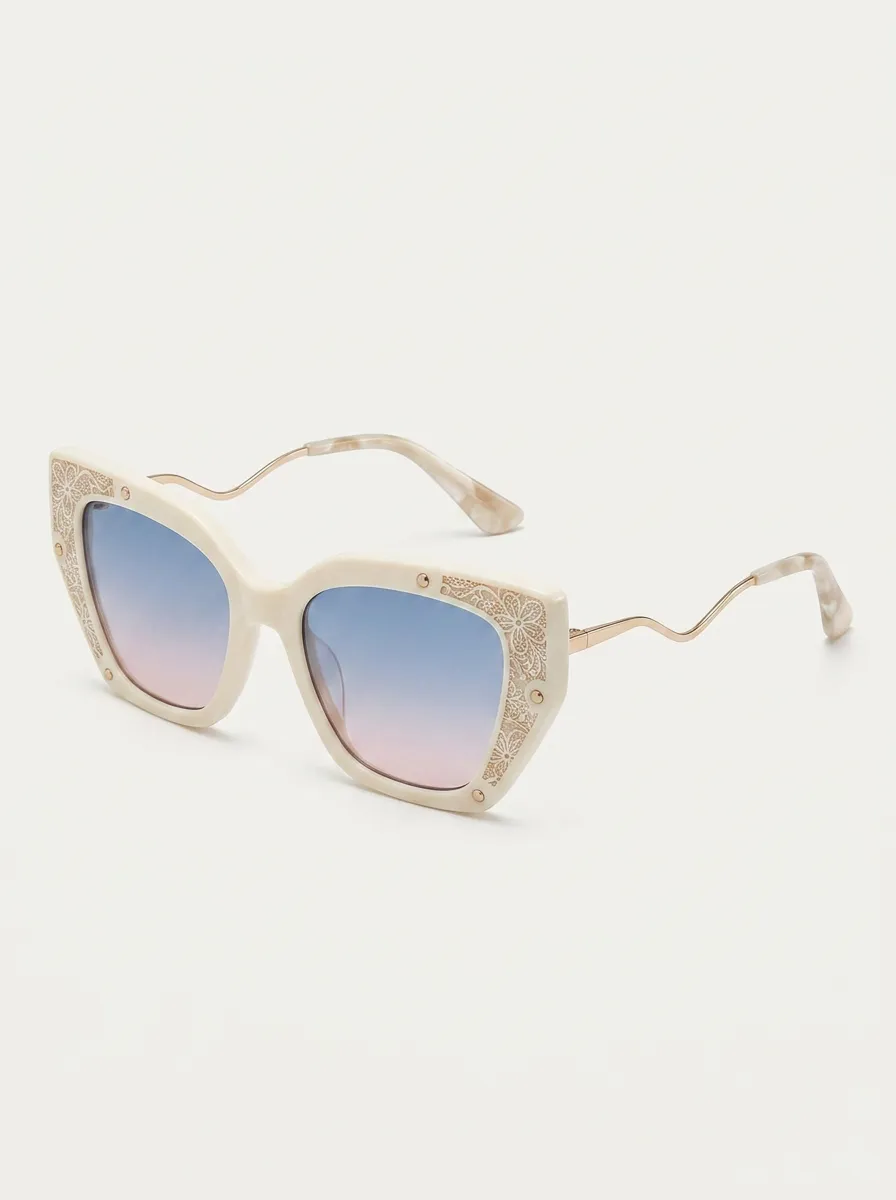 Women's Vintage Floral Lace Pattern Printed Cat Eye Sunglasses