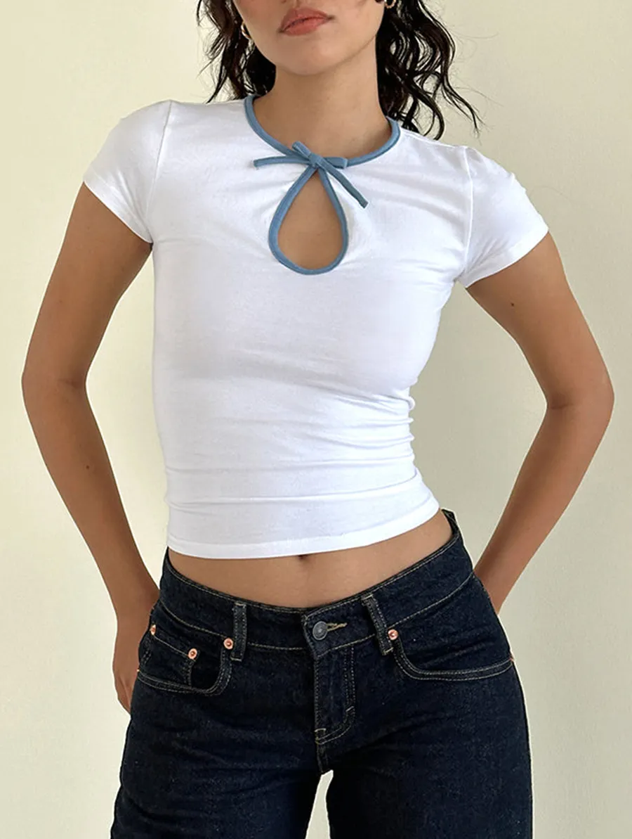 Tie Front Top In White With Faded Denim Binding