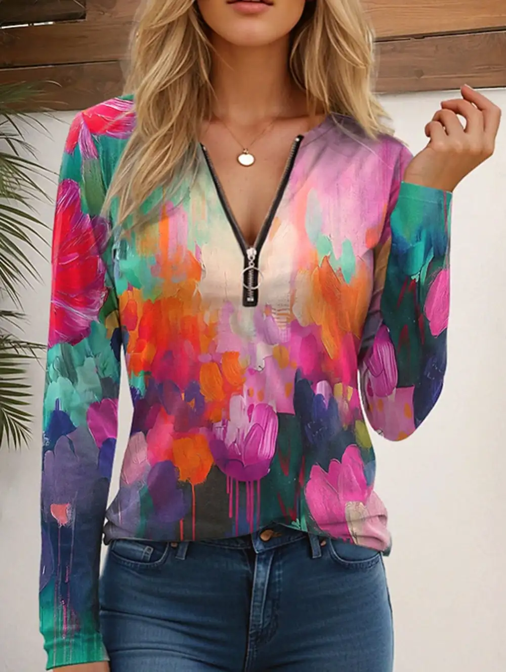 Geometric V-Neck Zip-Up Regular Top