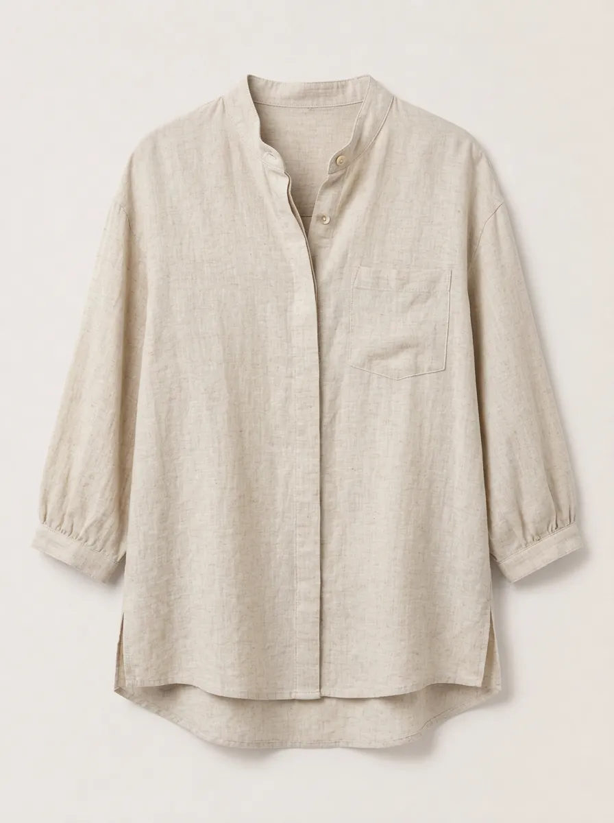 Women's Casual Beige Cotton Linen Blend Mandarin Collar Shirt