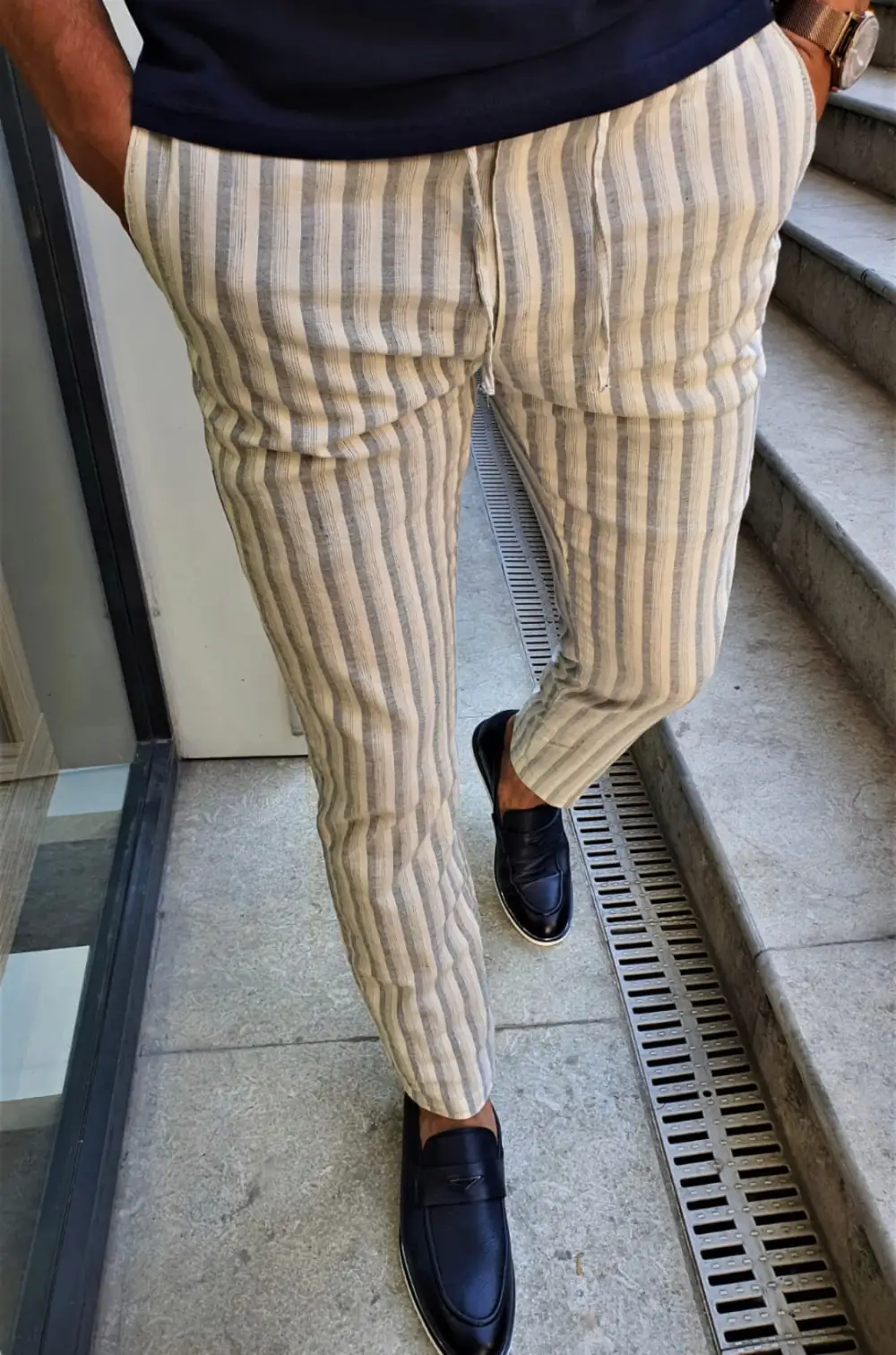 Slim Fit Striped Linen Tailored Trousers