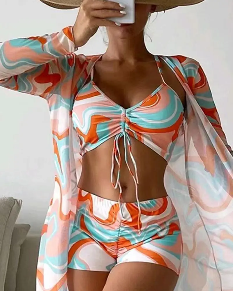 3PCS Abstract Print Drawstring Bikini Set With Cover Up