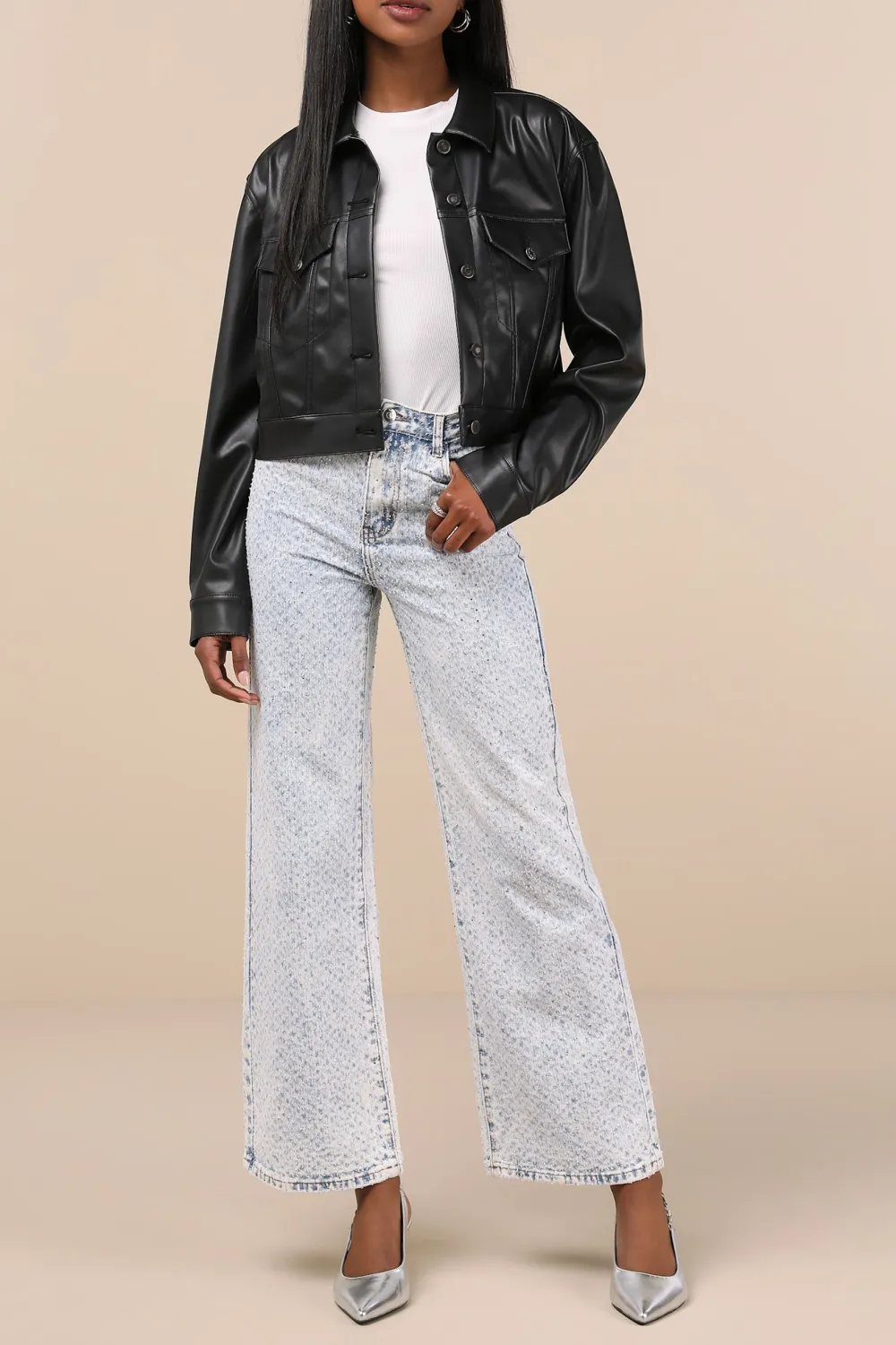Light Wash Casual Style Light Wash Denim Rhinestone Wide-Leg Jeans