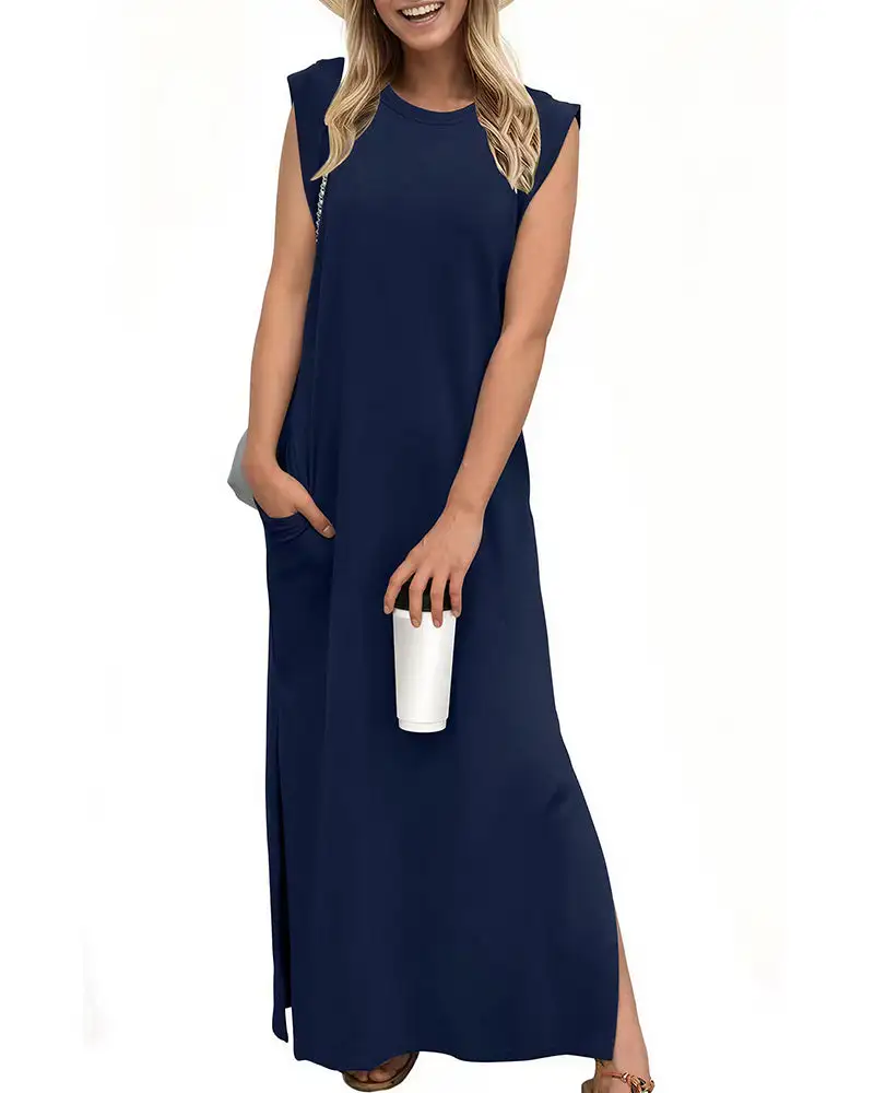 Casual Sleeveless Split Maxi Dress With Pockets