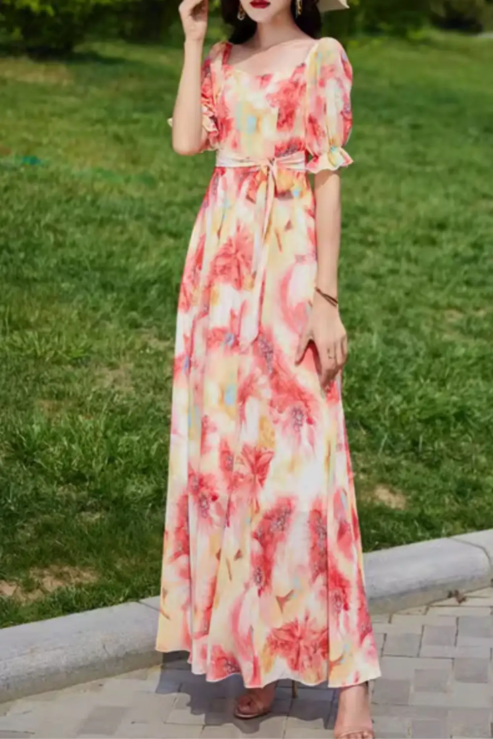Floral Chiffon Puff Sleeve Maxi Dress