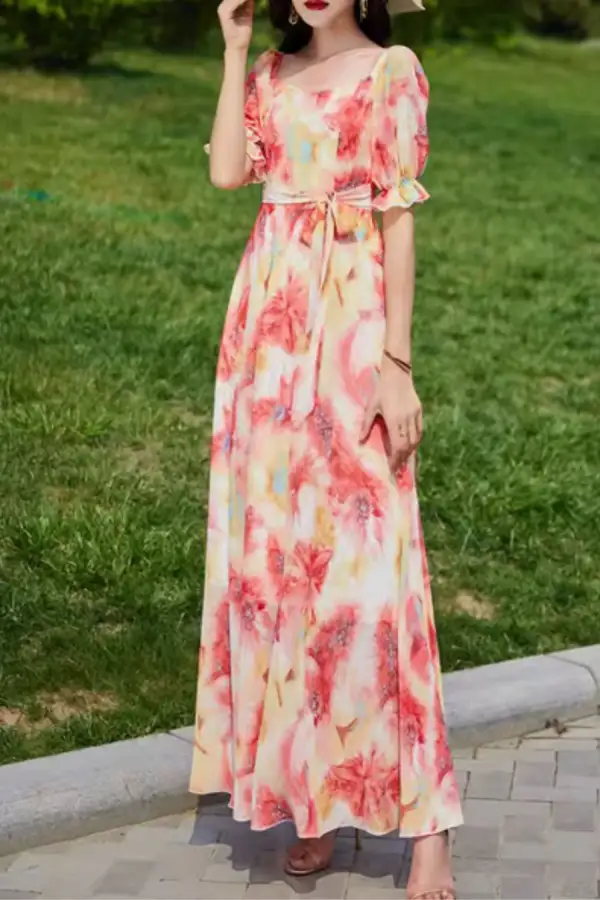 Floral Chiffon Puff Sleeve Maxi Dress