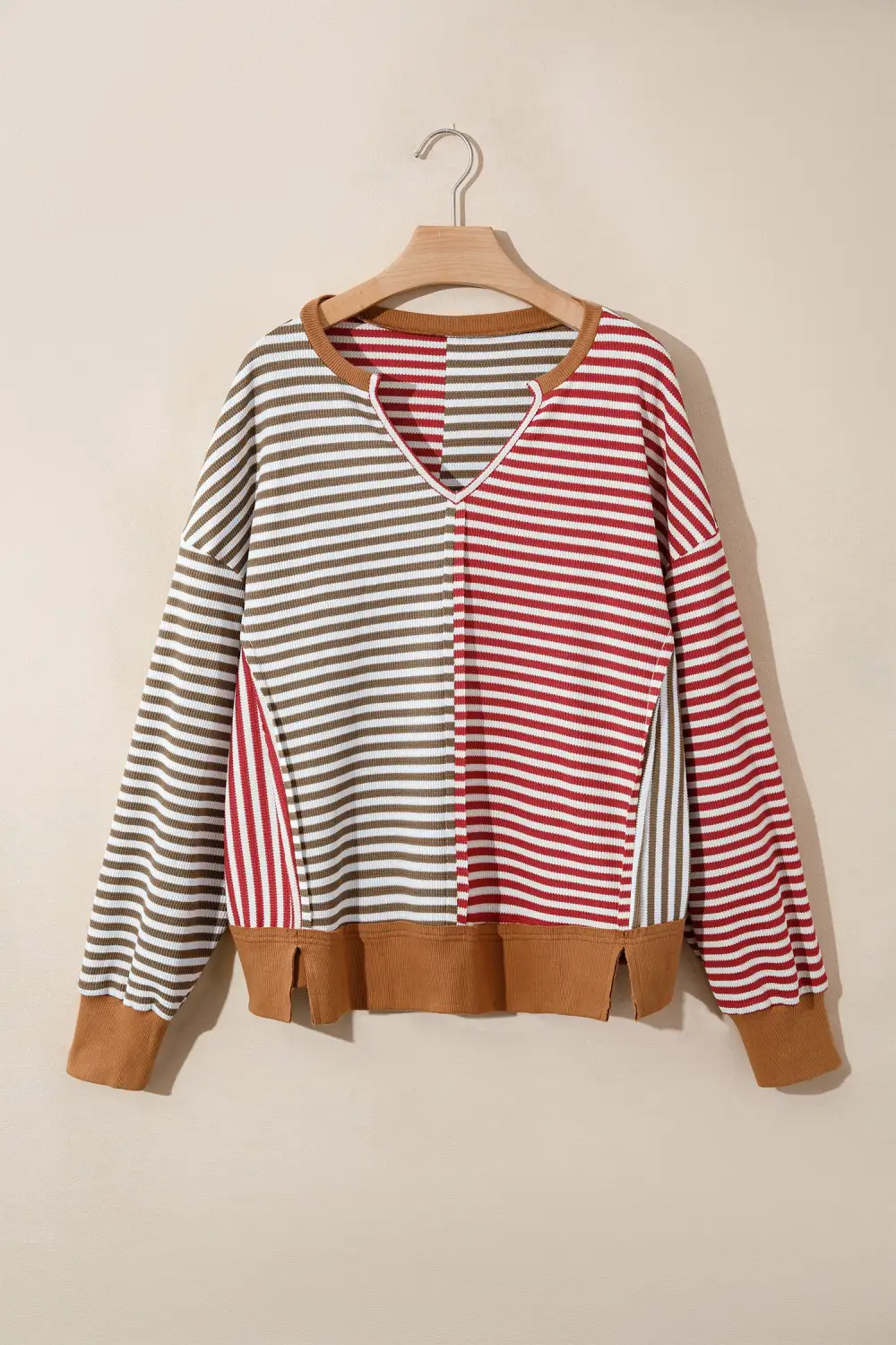 Striped V Neck Waffle Knit Stretch Fabric Long Sleeve Top