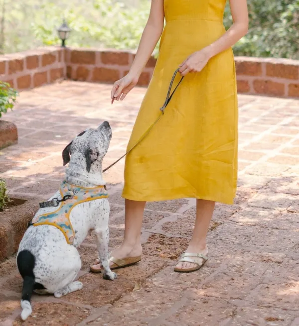 Mustard Linen Square-Neck Midi Dress