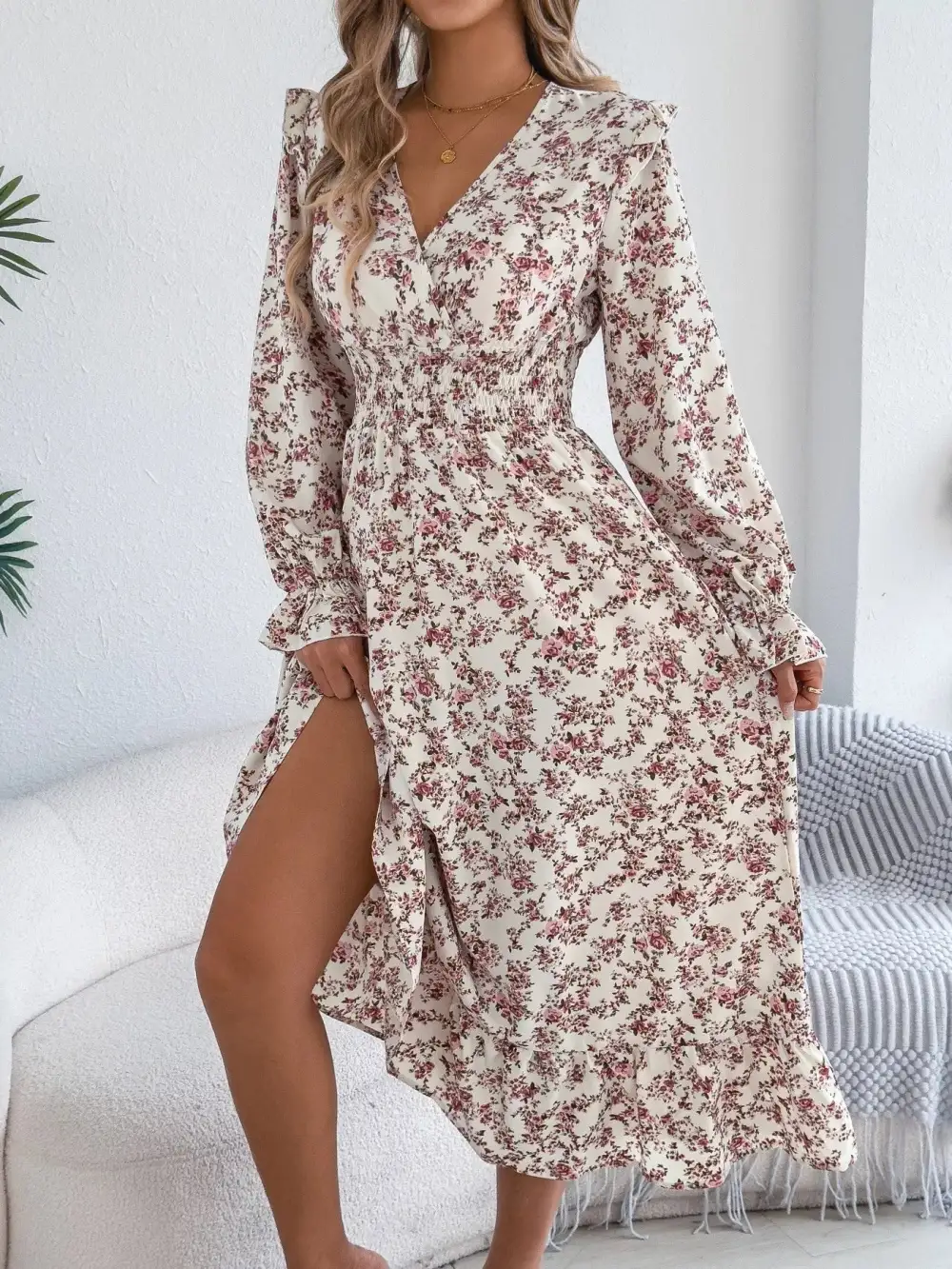 Clean Line Floral V Neck Ruffle Dress