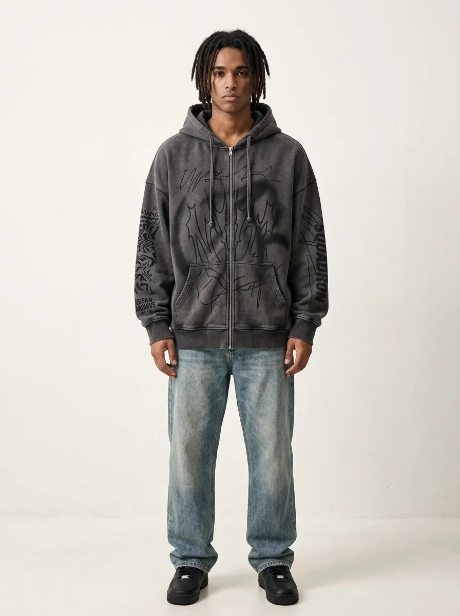 Men's Streetwear Urban Graffiti Print Washed Zip-up Hoodie