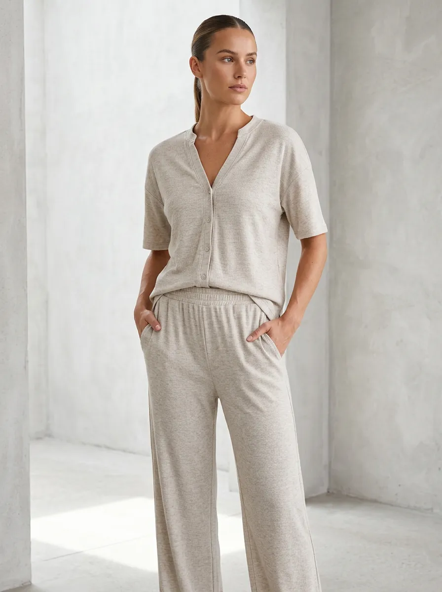 Short-Sleeve Ribbed Women's V-Neck Casual Lounge Set