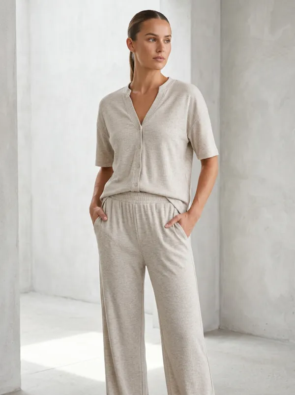 Short-Sleeve Ribbed Women's V-Neck Casual Lounge Set