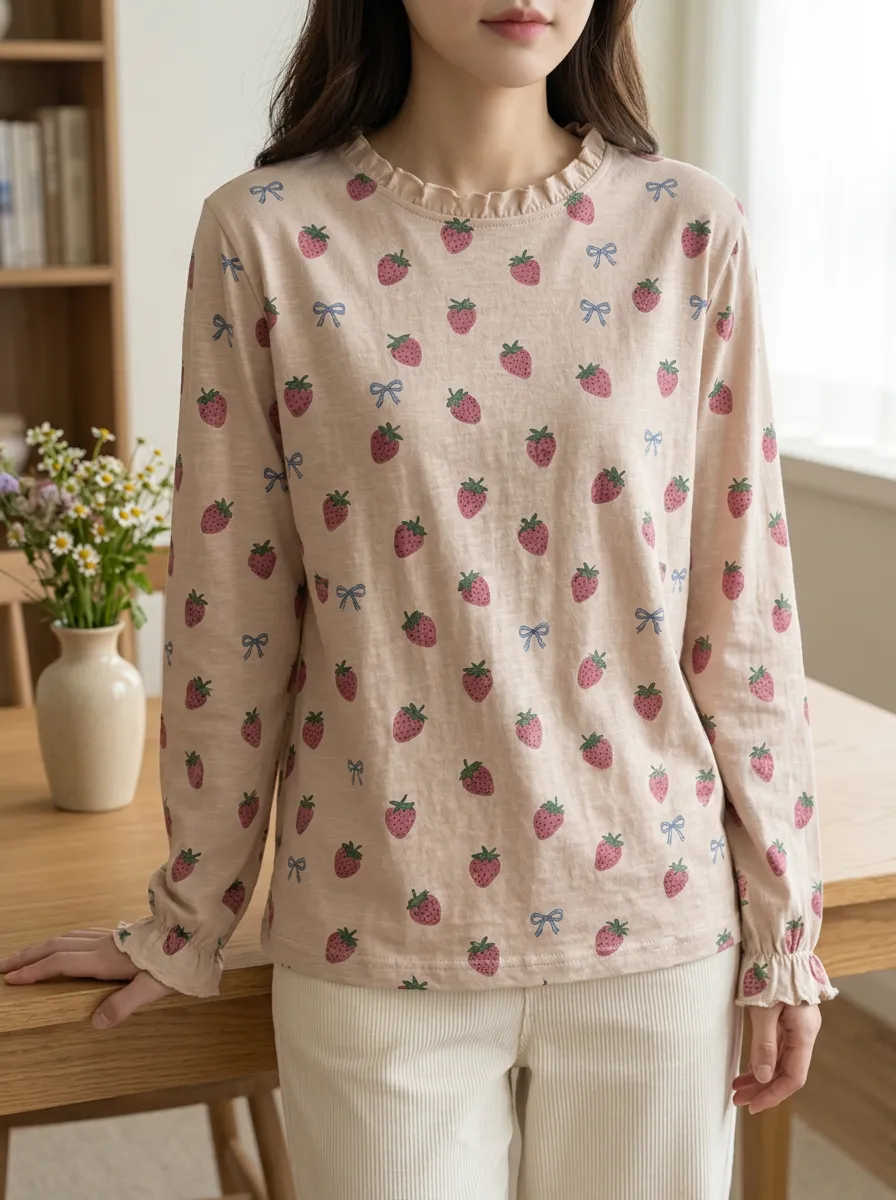 Women's Sweet Style Strawberry and Bow Printed Long Sleeve Top